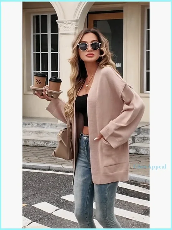 Oversized Cardigan with Pockets, Long Sleeve Open Front Shawl Sweater - Picture 7 of 7